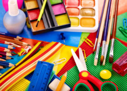 Close up of school supplies. Close up of group art school supplies.